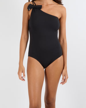 Chanel Black One-Shoulder One-Piece Swimsuit with Bow and Crystal CC Logo Detail Size FR 40 (UK 12)
