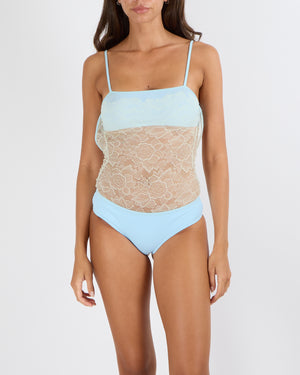 Chanel Vintage Pastel Blue One-Piece Swimsuit with Cream See-Through Lace Insert Size FR 34 (UK 6)
