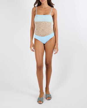 Chanel Vintage Pastel Blue One-Piece Swimsuit with Cream See-Through Lace Insert Size FR 34 (UK 6)