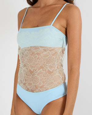 Chanel Vintage Pastel Blue One-Piece Swimsuit with Cream See-Through Lace Insert Size FR 34 (UK 6)