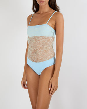 Chanel Vintage Pastel Blue One-Piece Swimsuit with Cream See-Through Lace Insert Size FR 34 (UK 6)
