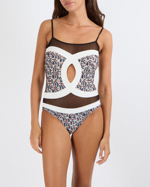 Chanel SS 2013 Black and White One-Piece Swimsuit with Blue and Red Geometric Logo Prints and Mesh Inserts Size FR 36 (UK 8)