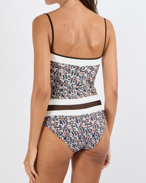 Chanel SS 2013 Black and White One-Piece Swimsuit with Blue and Red Geometric Logo Prints and Mesh Inserts Size FR 36 (UK 8)