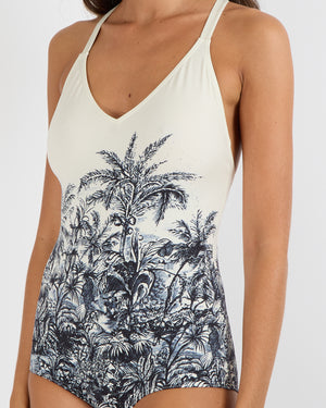 Christian Dior White One-Piece Swimsuit with Navy Palm Prints Size M (UK 10)