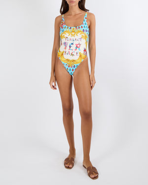 Versace Light Blue La Vacanza One-Piece Swimsuit with Multi-Colour Ladybug and Butterfly Prints with Front Logo Size 2 (UK 8)