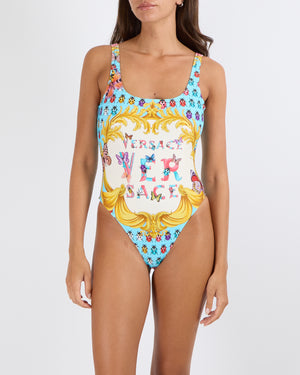 Versace Light Blue La Vacanza One-Piece Swimsuit with Multi-Colour Ladybug and Butterfly Prints with Front Logo Size 2 (UK 8)