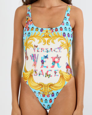 Versace Light Blue La Vacanza One-Piece Swimsuit with Multi-Colour Ladybug and Butterfly Prints with Front Logo Size 2 (UK 8)