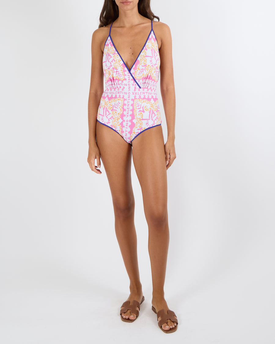Valentino Pink and Orange Logo Print One-Piece Swimsuit with Blue Trims Size S (UK 8)