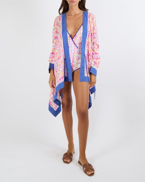 Valentino Pink and Orange Logo Print Long-Sleeved Kaftan with Blue Trims Size IT 46 (UK 14)