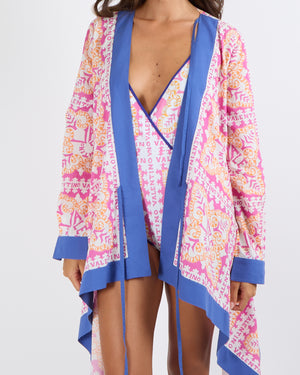 Valentino Pink and Orange Logo Print Long-Sleeved Kaftan with Blue Trims Size IT 46 (UK 14)