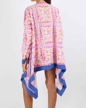 Valentino Pink and Orange Logo Print Long-Sleeved Kaftan with Blue Trims Size IT 46 (UK 14)