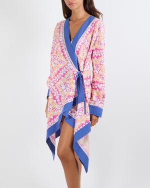Valentino Pink and Orange Logo Print Long-Sleeved Kaftan with Blue Trims Size IT 46 (UK 14)