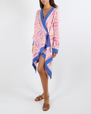 Valentino Pink and Orange Logo Print Long-Sleeved Kaftan with Blue Trims Size IT 46 (UK 14)