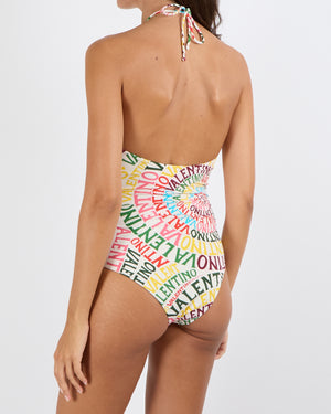 Valentino White and Multi-Colour Logo Print One-Piece Swimsuit Size M (UK 10)
