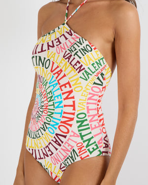 Valentino White and Multi-Colour Logo Print One-Piece Swimsuit Size M (UK 10)