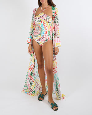Valentino White and Multi-Colour Cotton and Silk Blend Logo Print Long Kaftan Size IT 40 (UK 8)