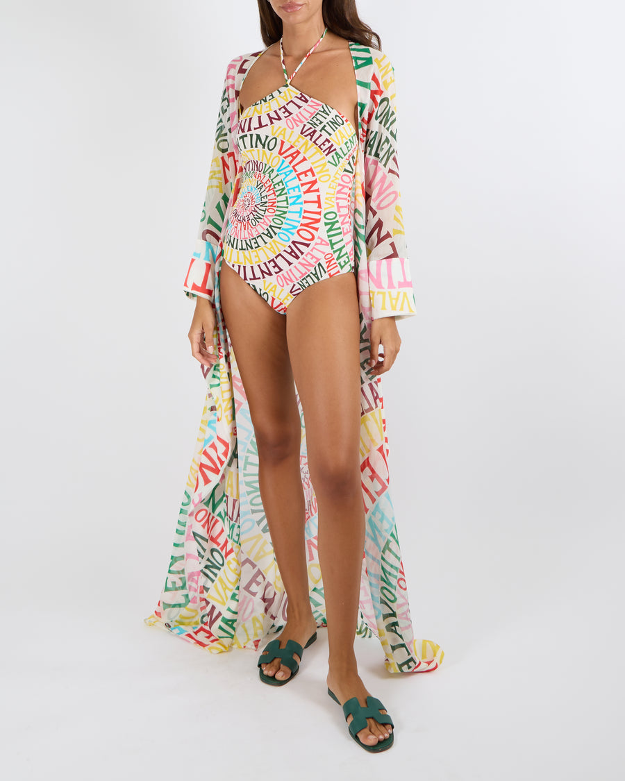 Valentino White and Multi-Colour Cotton and Silk Blend Logo Print Long Kaftan Size IT 40 (UK 8)