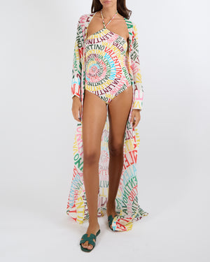 Valentino White and Multi-Colour Cotton and Silk Blend Logo Print Long Kaftan Size IT 40 (UK 8)