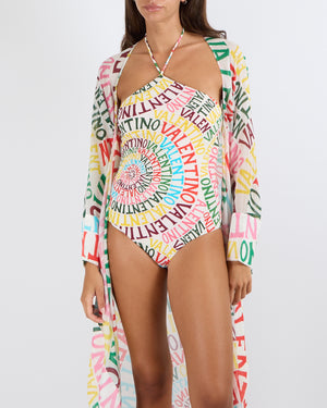 Valentino White and Multi-Colour Cotton and Silk Blend Logo Print Long Kaftan Size IT 40 (UK 8)