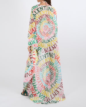 Valentino White and Multi-Colour Cotton and Silk Blend Logo Print Long Kaftan Size IT 40 (UK 8)
