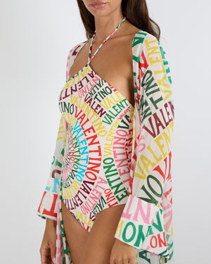 Valentino White and Multi-Colour Cotton and Silk Blend Logo Print Long Kaftan Size IT 40 (UK 8)