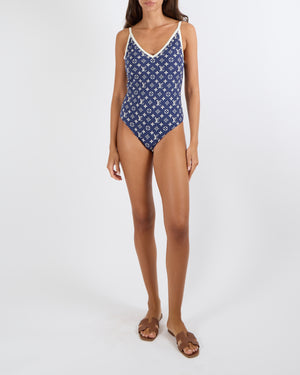 Louis Vuitton Blue and White Monogram Printed One-Piece Swimsuit with White Trims and Monogram Travel Pouch Size FR 38 (UK 10)