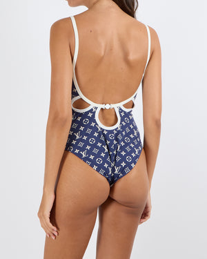 Louis Vuitton Blue and White Monogram Printed One-Piece Swimsuit with White Trims and Monogram Travel Pouch Size FR 38 (UK 10)