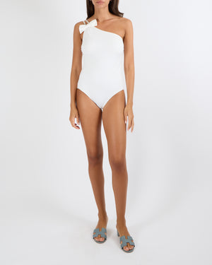 Chanel White One-Shoulder One-Piece Swimsuit with Bow and Crystal CC Logo Detail Size FR 40 (UK 12)