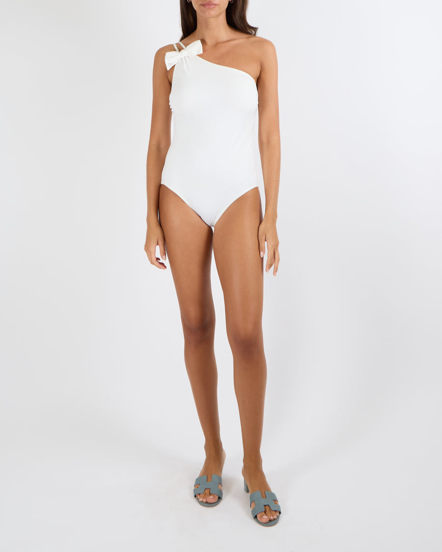 Chanel White One-Shoulder One-Piece Swimsuit with Bow and Crystal CC Logo Detail Size FR 40 (UK 12)