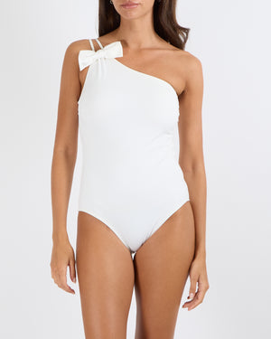 Chanel White One-Shoulder One-Piece Swimsuit with Bow and Crystal CC Logo Detail Size FR 40 (UK 12)