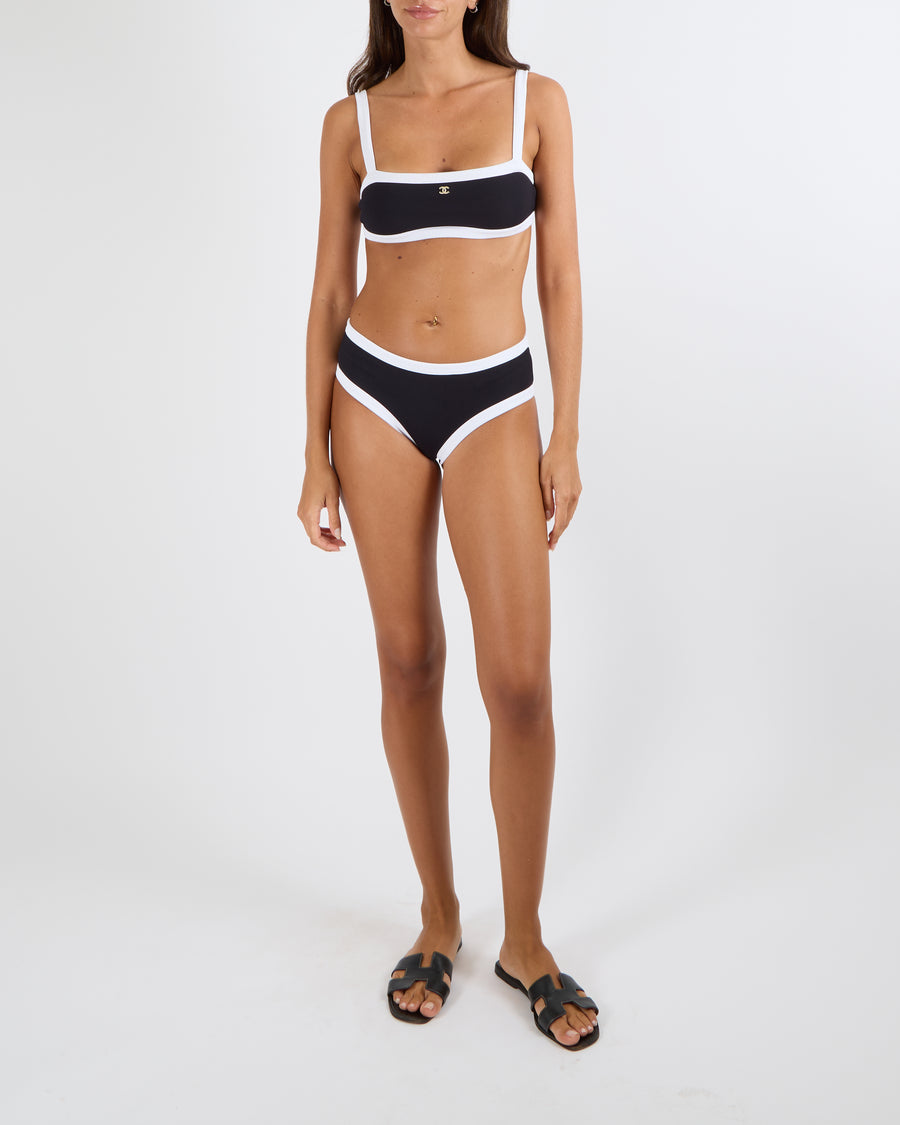 Chanel Black Ribbed Two-Piece Bikini Set with White Trims and Gold Crystal CC Logo Details Size FR 38 (UK 10)