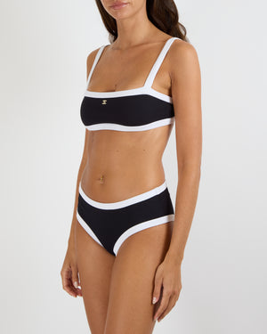 Chanel Black Ribbed Two-Piece Bikini Set with White Trims and Gold Crystal CC Logo Details Size FR 38 (UK 10)