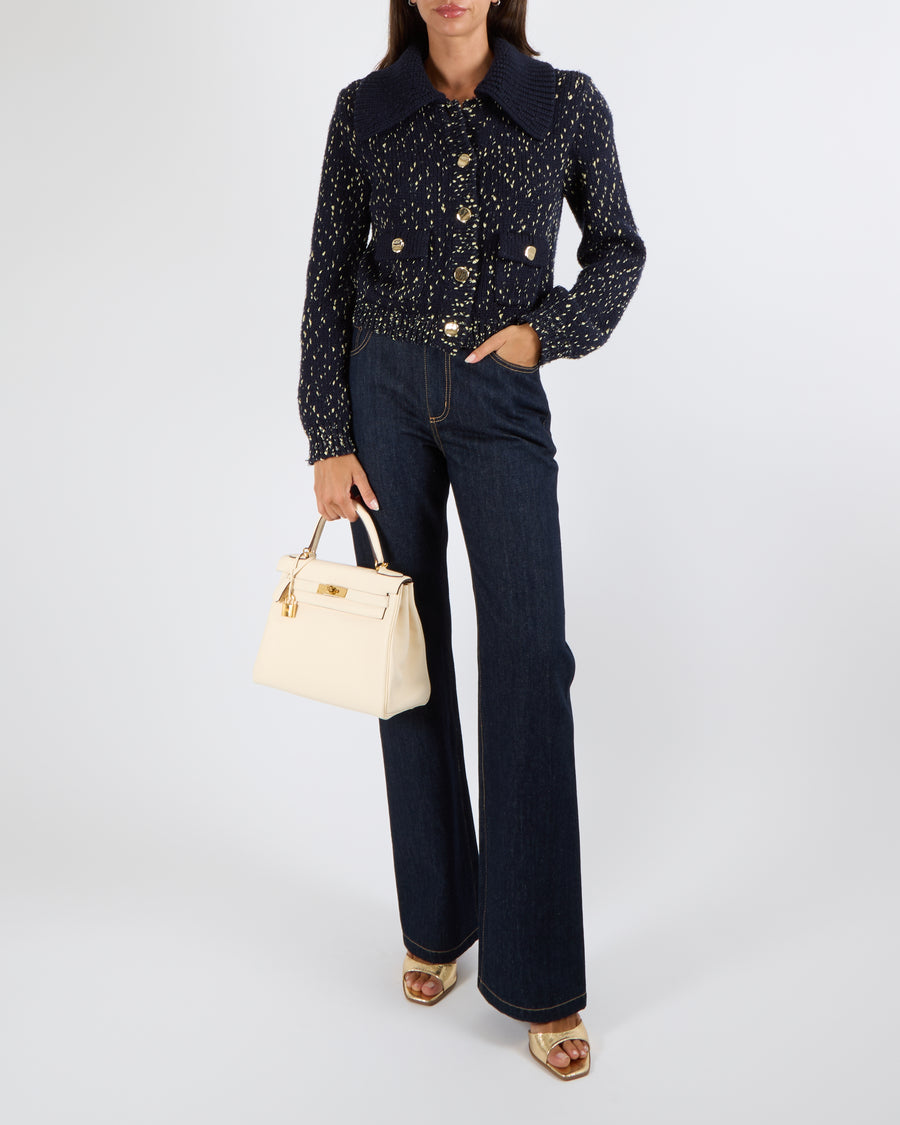 Self Portrait Navy Wool Knitted Cardigan with Metallic Gold Threads and Gold Asymmetric Buttons Size S (UK 8)