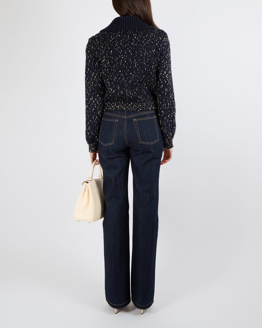 Self Portrait Navy Wool Knitted Cardigan with Metallic Gold Threads and Gold Asymmetric Buttons Size S (UK 8)