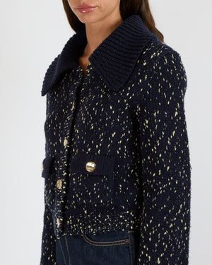Self Portrait Navy Wool Knitted Cardigan with Metallic Gold Threads and Gold Asymmetric Buttons Size S (UK 8)