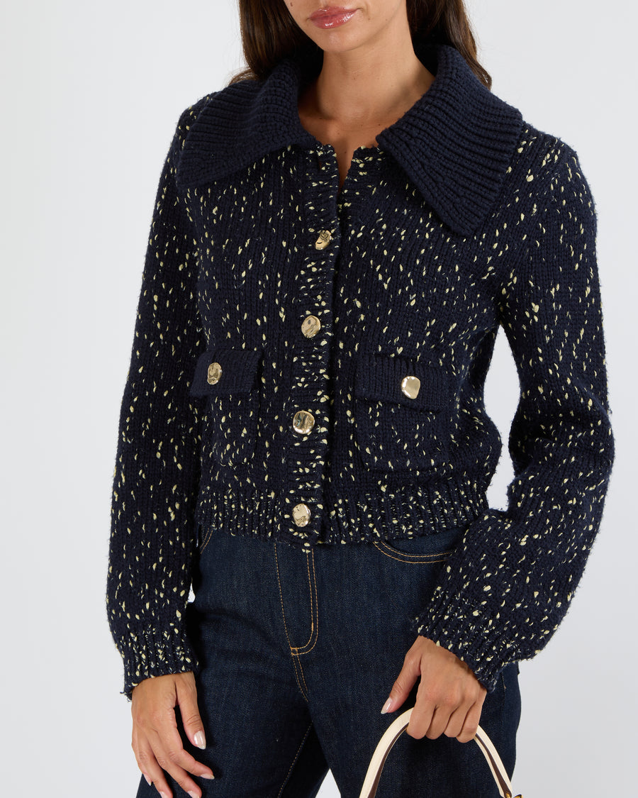 Self Portrait Navy Wool Knitted Cardigan with Metallic Gold Threads and Gold Asymmetric Buttons Size S (UK 8)