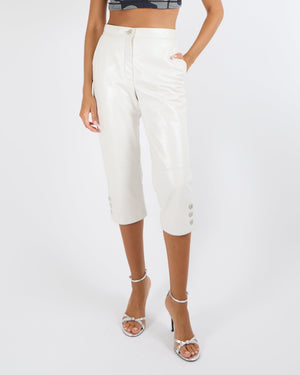 Chanel White Lambskin Leather Cropped Trousers with Silver CC Logo Buttons Size FR 36 (UK 8)