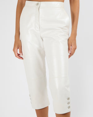 Chanel White Lambskin Leather Cropped Trousers with Silver CC Logo Buttons Size FR 36 (UK 8)