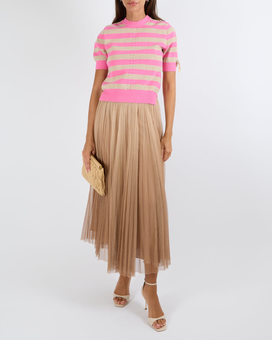 Fendi Pink and Beige Striped Short-Sleeved Top with Embroidered Details and Bows Size IT 42 (UK 10) RRP £780