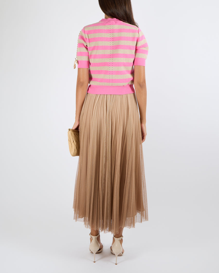 Fendi Pink and Beige Striped Short-Sleeved Top with Embroidered Details and Bows Size IT 42 (UK 10) RRP £780