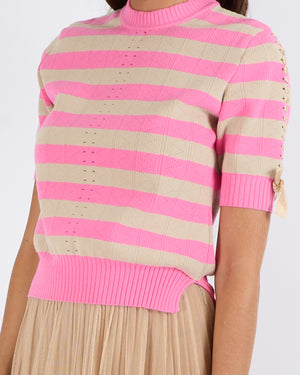 Fendi Pink and Beige Striped Short-Sleeved Top with Embroidered Details and Bows Size IT 42 (UK 10) RRP £780