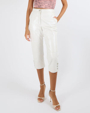 Chanel White Lambskin Leather Cropped Trousers with Silver CC Logo Buttons Size FR 36 (UK 8)
