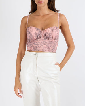 Christian Dior Pink and Grey Toile de Jouy Sauvage Printed Swimsuit Bustier Top with Removable Straps and Rouched Details with Matching Travel Pouch Size L (UK 12)