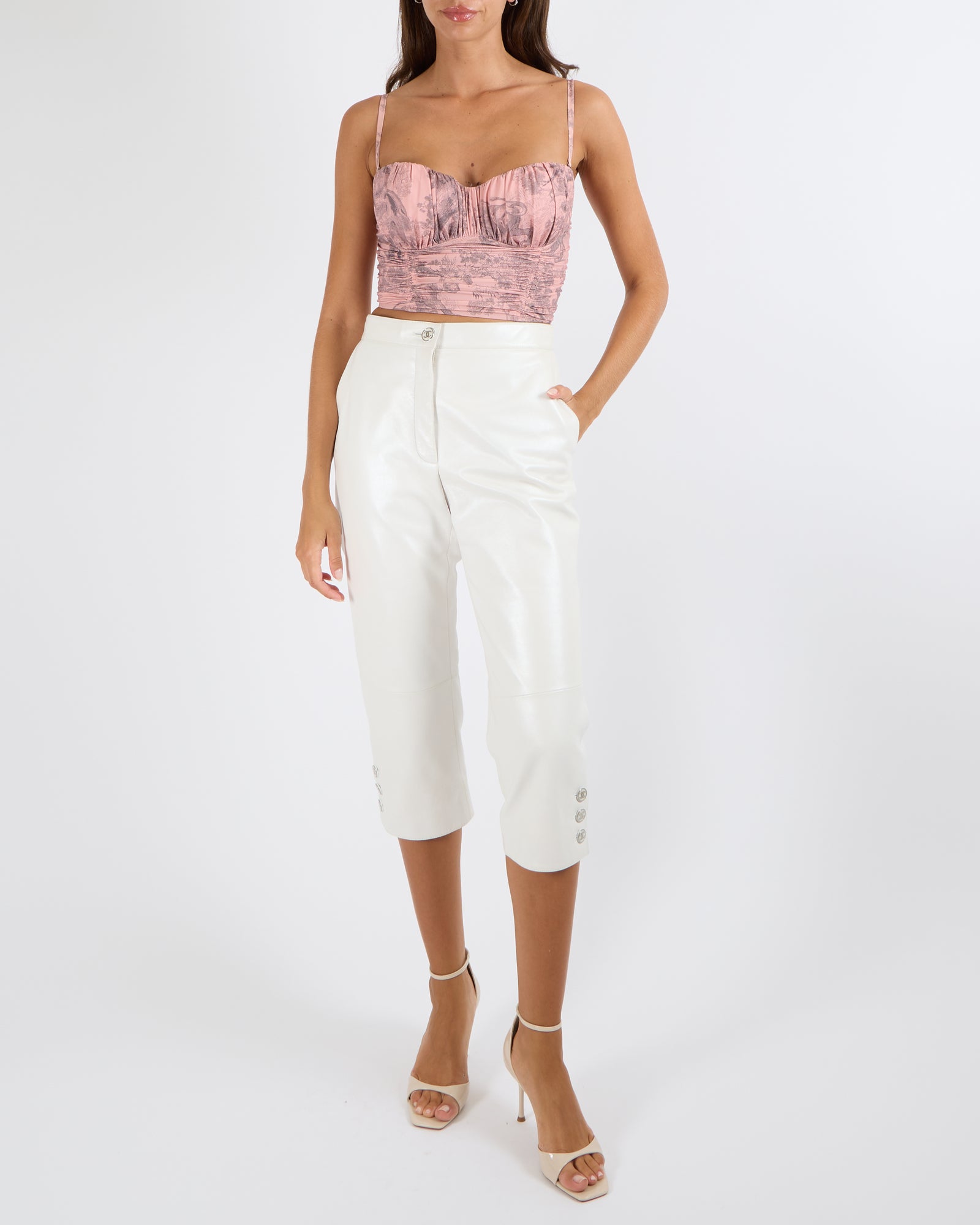 Chanel White Lambskin Leather Cropped Trousers with Silver CC Logo
