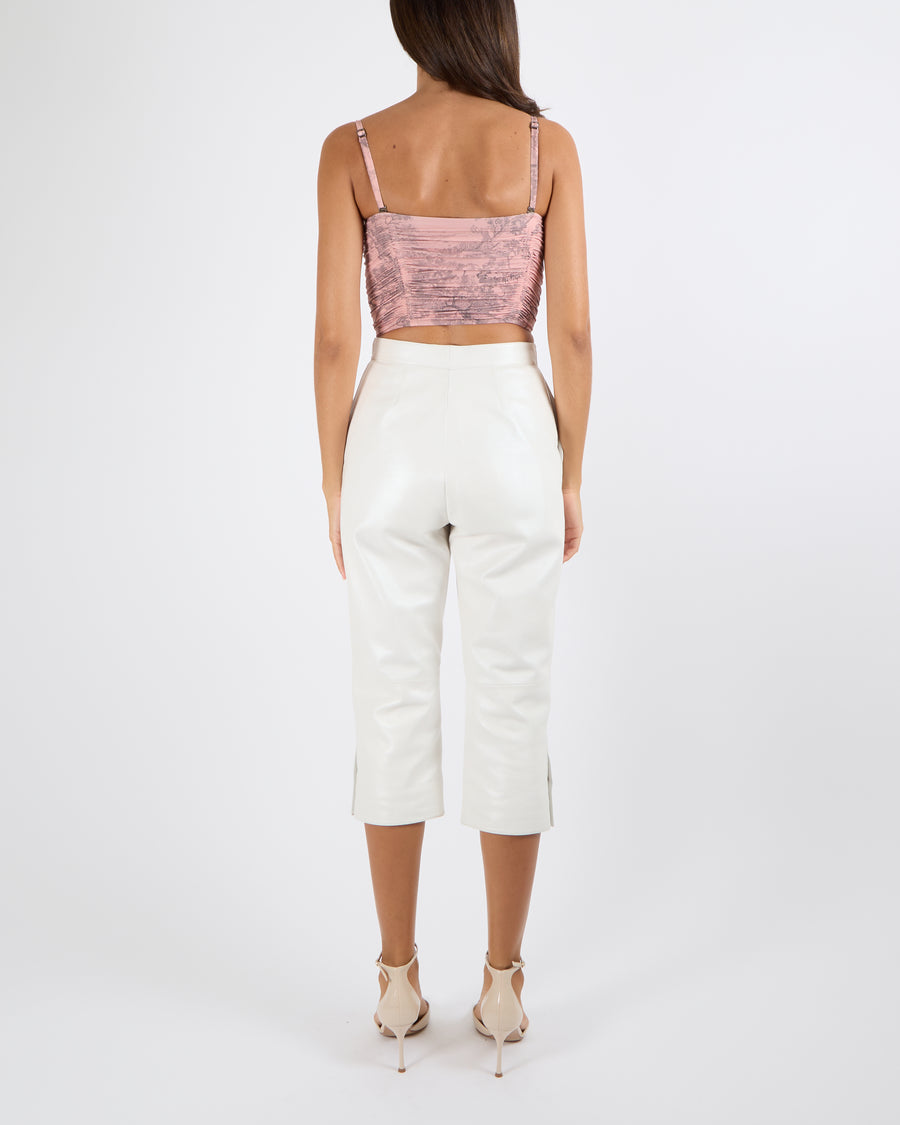 Chanel White Lambskin Leather Cropped Trousers with Silver CC Logo Buttons Size FR 36 (UK 8)