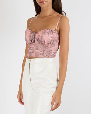 Christian Dior Pink and Grey Toile de Jouy Sauvage Printed Swimsuit Bustier Top with Removable Straps and Rouched Details with Matching Travel Pouch Size L (UK 12)