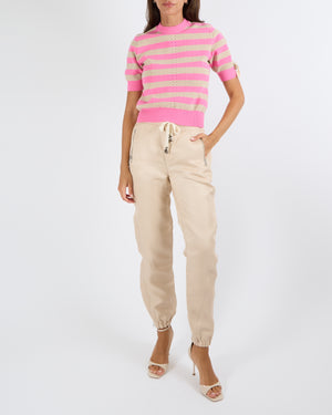 Ermanno Scervino Beige Linen and Cotton Blend Joggers with Elasticated Waistband and Cuffs with Crystal Embellished Tie Detail with Silver Zippers Size IT 40 (UK 8)