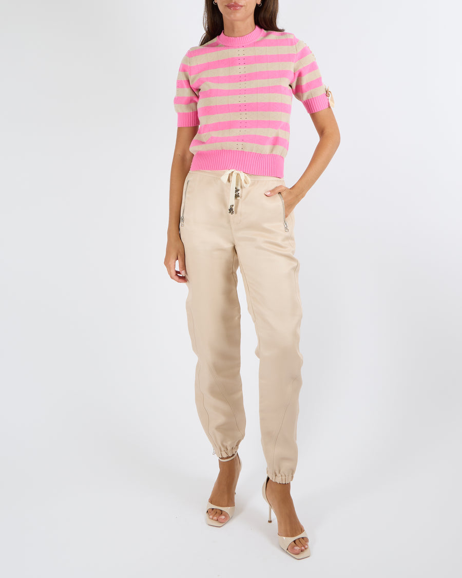 Ermanno Scervino Beige Linen and Cotton Blend Joggers with Elasticated Waistband and Cuffs with Crystal Embellished Tie Detail with Silver Zippers Size IT 40 (UK 8)