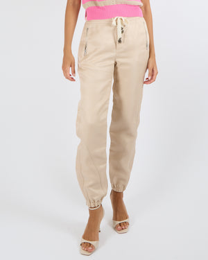 Ermanno Scervino Beige Linen and Cotton Blend Joggers with Elasticated Waistband and Cuffs with Crystal Embellished Tie Detail with Silver Zippers Size IT 40 (UK 8)