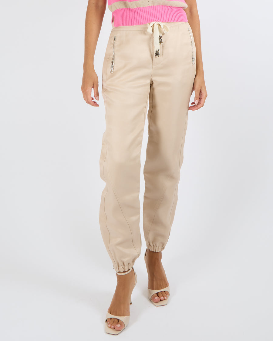 Ermanno Scervino Beige Linen and Cotton Blend Joggers with Elasticated Waistband and Cuffs with Crystal Embellished Tie Detail with Silver Zippers Size IT 40 (UK 8)